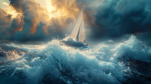 Against The Backdrop Of A Dramatic Seascape, A Lone Sailor Hoists Their Sail And Sets Out On A Solo Adventure, Their Boat Slicing Through The Waves As They Embark On A Voyage Of Se