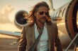 Stylish businessman exiting a private jet. The wind becomes his silent partner, whispering secrets as it shapes his hair and clothes, adding an aura of mystery to his presence.