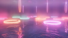 Ethereal Dance Of Softly Glowing Neon Rings In A Tranquil Emptiness, Evoking A Calming And Introspective Ambiance.