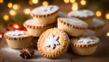 A Stack Of Mince Pies Dusted With Sugar, Placed On A Rustic Wooden Table With Festive Decorations 