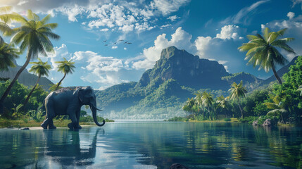 Wall Mural - elephant walking on the lake ,landscape with lake and mountains , wild life , blue sky