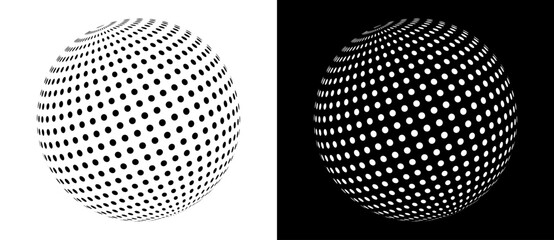 Wall Mural - Modern abstract background. Halftone dots in ball. Round logo. Black shape on a white background and the same white shape on the black side.