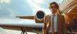Stylish businessman exiting a private jet. A picture of sheer elegance, the businessman's hair and clothes are caught in a graceful dance with the wind as he disembarks the private jet.