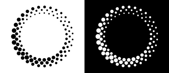 Poster - Circle with halftone black dots as advertising background or logo or icon. A black figure on a white background and an equally white figure on the black side.