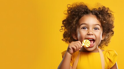 Wall Mural -  Cute pretty curly little African american child girl, posing and laughing. to camera with colorful lollipop on yellow background. Happiness, childhood, kid and sweets. banner with copy space.