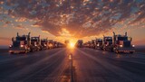 Fototapeta  - Sunset Convoy of Trucks on Highway
