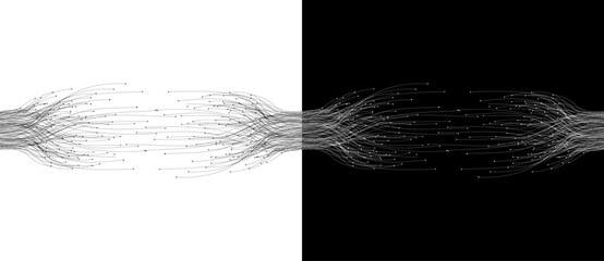 Leinwandbilder - Abstract lines with dots over background. Connecting or big data concept. Design element or icon. Black shape on a white background and the same white shape on the black side.