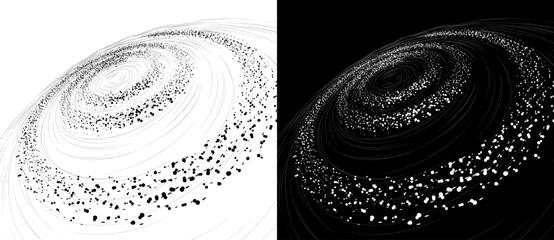 Dynamic lines and dots in perspective. Spiral like big data, speed or space concept. Black shape on a white background and the same white shape on the black side.