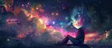 Fototapeta  - Imagination  A whimsical 2D illustration of a person sitting under a starry sky