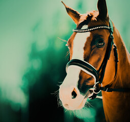 Wall Mural - Portrait of a chestnut horse with a bridle around its head against the blue sky on a warm summer's day. Riding on horseback.