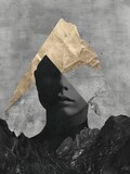 Fototapeta Natura - A collage featuring a womans face merged with a backdrop of majestic mountains, creating a striking visual contrast