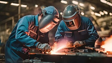 Poster - Welding worker team working arc weld metal joint production in heavy industry. Generative AI. 