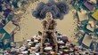 Person with smoking head sitting on a pile of books, overwhelmed with information, conceptual art
