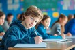 © Salsabila Ariadina - caucasian boy is studying and doing assignments in school class