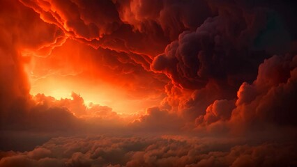 Wall Mural - Fiery orange sunset sky with clouds. Dramatic cloudscape, A fire hurricane ravages the cloudscape in the sky, visually representing climate change-induced apocalypse and natural, AI Generated