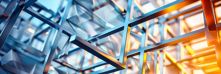  Abstract Geometric Design, Modern Technology Concept, Pattern of Blue Triangles and Metallic Shapes