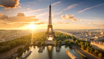 Wall Mural - Aerial view of Eiffel Tower at sunset, Paris, France, Aerial panoramic view of Paris with the Eiffel Tower during sunset in France, AI Generated