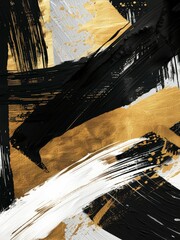 Wall Mural - A striking abstract painting featuring bold black and gold brushstrokes creating a dynamic and textured composition