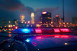 Blue and red light flasher atop of a police car, a police car patrols the city at night, the police go to calls, generative ai