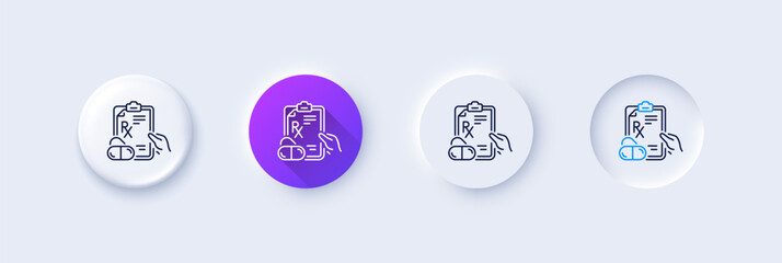 Poster - Prescription Rx recipe line icon. Neumorphic, Purple gradient, 3d pin buttons. Medicine drugs pills sign. Line icons. Neumorphic buttons with outline signs. Vector
