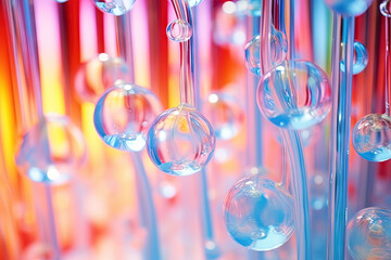 Poster - Pink holographic bubbles floating on the soft colorful abstract background in beautiful vivid tones.