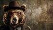 Serious bear wearing stylish brown hat and trendy glasses on rustic brown backdrop