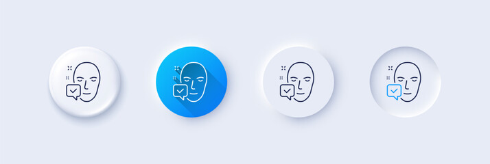 Poster - Face accepted line icon. Neumorphic, Blue gradient, 3d pin buttons. Access granted sign. Facial identification success symbol. Line icons. Neumorphic buttons with outline signs. Vector