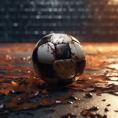 a black and white leather soccer ball, also known as a football, sits isolated on a blue world map