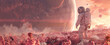 Astronaut walking on the field full of pink flowers on another planet in pink sunshine light