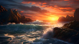 Fototapeta  - Fantastic big rocks and ocean waves at sundown time. Dramatic scene.