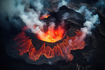 Wall Mural - volcano eruption from a bird view. volcano crater and magma flow shot from above. genertated ai.