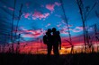 Couple kisses at sunset in field under afterglow sky