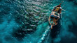 Aerial view of a fishing boat with nets in the water