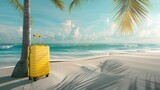 Fototapeta Zwierzęta - Vibrant yellow suitcase resting beneath a majestic palm tree on a sun-kissed beach - tranquil travel background in 3d rendering