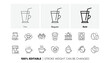 Beans, hot cocktail and coffee maker machine. Coffee line icons. Espresso cup, cappuccino with whipped cream line icons. Latte vending machine and roasted beans. Linear set. Line icons set. Vector