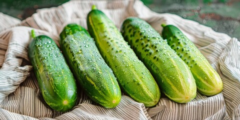 Wall Mural - Dew-Kissed Cucumbers on Classic Striped Cloth with Natural Vibe