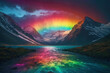 Fantastic magical landscape, mountains and rainbow reflected in a mountain lake. Northern lights, stars and snowy peaks, neon glare.