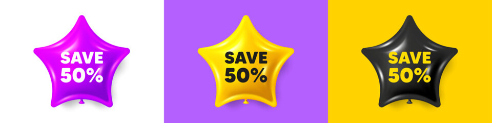 Poster - save 50 percent off tag. birthday star balloons 3d icons. sale discount offer price sign. special of