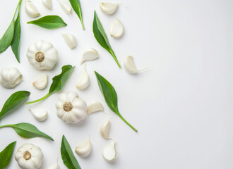 Garlic with leaves isolated on white background whit copy space