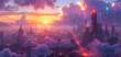 City of a future against purple sunset sky with clouds. Futuristic building with bright neon lights. Wallpaper in a style of cyberpunk.