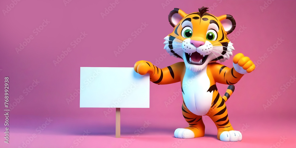 3d cute Tiger Lion holding up a blank sign Board, colorful cartoon ...