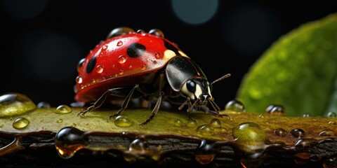 Shot of a ladybug in green grass with dew drops, insect world. Nature theme in spring. Generative AI