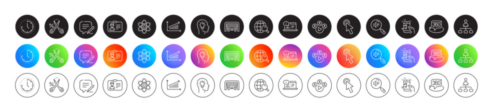 Time, Management and Online documentation line icons. Round icon gradient buttons. Pack of Video conference, Chemistry atom, Write icon. Cut tax, Cursor, Music phone pictogram. Vector