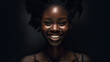 Portrait of a black young girl with beautiful facial features, black hair, a large mouth with snow-white teeth, brown eyes, she is happy, smiling. Close-up