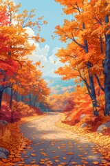 road among autumn trees, cartoon vector style