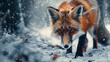 A cunning fox hunting for prey in the snowy woods