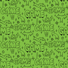 Poster - Childish doodle contour words seamless pattern. Trendy 90s style concept. Hand drawn words Game in bubble, street style graffiti style and sign doodles. Perfect for modern textile, banner, wrapping