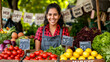 cheerful woman standing at a farmers market stall filled with a variety of fresh vegetables, with a 