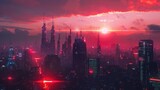 Fototapeta  - Futuristic city skyline at dusk with neon lights