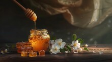 A Jar Of Golden Honey Is Prominently Displayed With A Drizzle Of Honey From A Wooden Dipper
